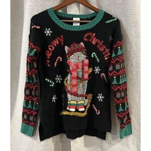 Meowy Christmas Cat Sweater Womens Size XS Festive Sequin Jingle Bells